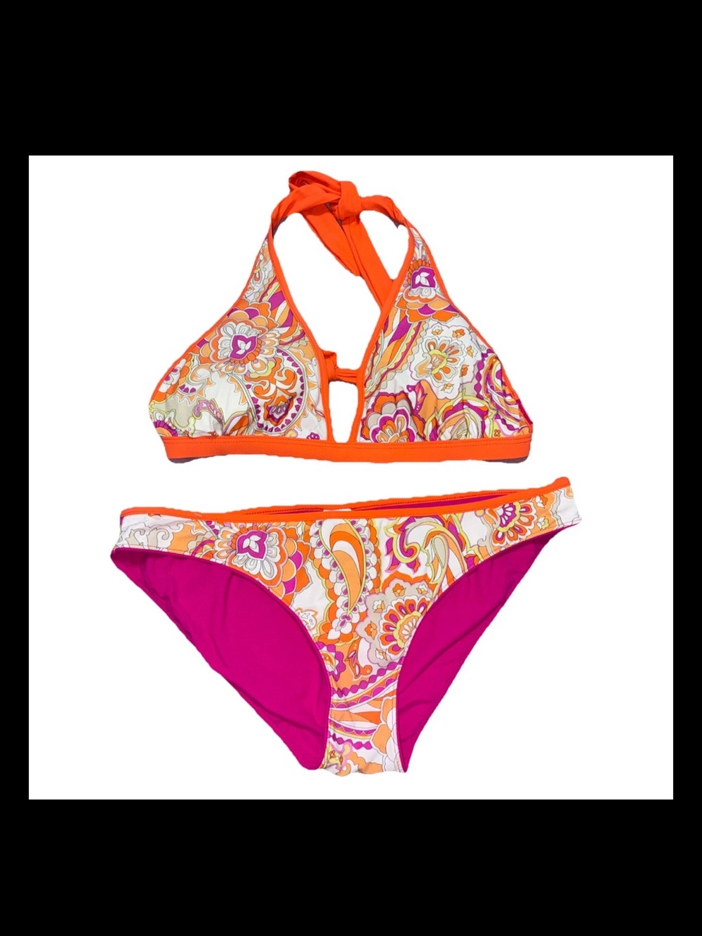 Commando Dip & Flip Reversible Orange Pink Paisley Print Bikini Swimsuit / Large